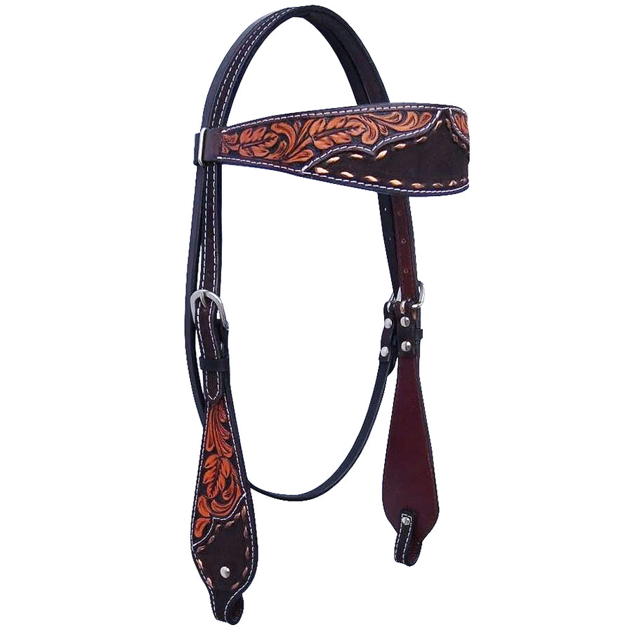 Bar H Equine Horse Leather Headstall Leaf Hand Carved Brown - Uhorse