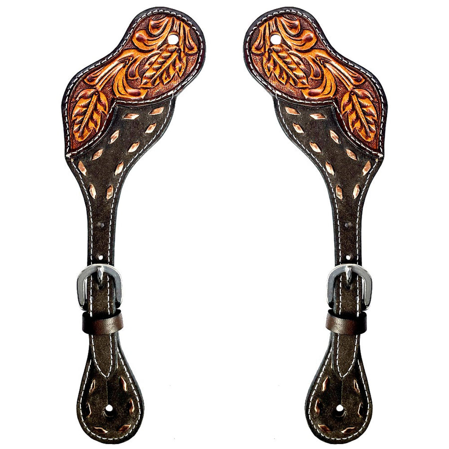 Leather spur straps with tooled orange floral design - Uhorse