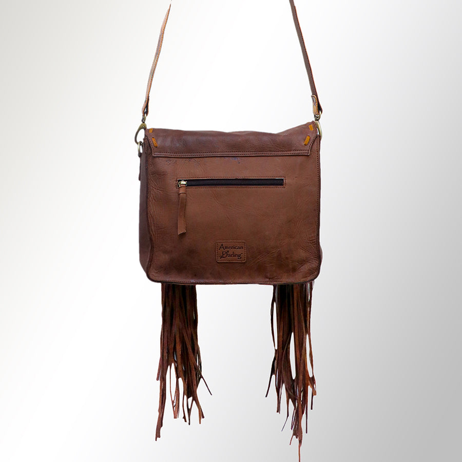 American Darling Cross body Bag Hand Tooled Floral Leather Fringed Western Purse 12in x 12in