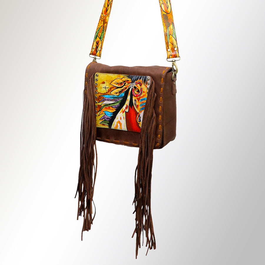 American Darling Hand Tooled Cross body Bag - Fringed Western Leather Purse - Uhorse