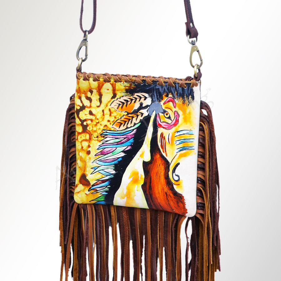 American Darling Hand Painted Western Leather Large Cross body Bag with Fringes - Uhorse