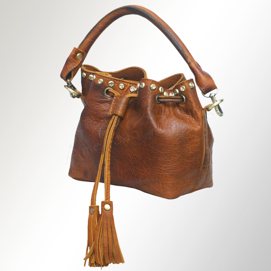 American Darling Handcrafted Western Leather Bucket Bag with Rivet Detailing - Uhorse