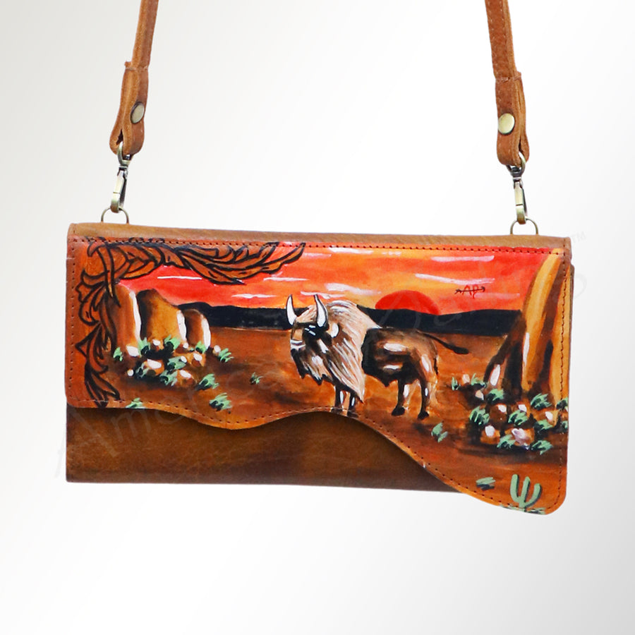 American Darling Small Cross body Bag, Hand Painted Western Scene, Vegetable Tanned Full Grain Leather, 4in (H) X 8in (W) X 1in (D)