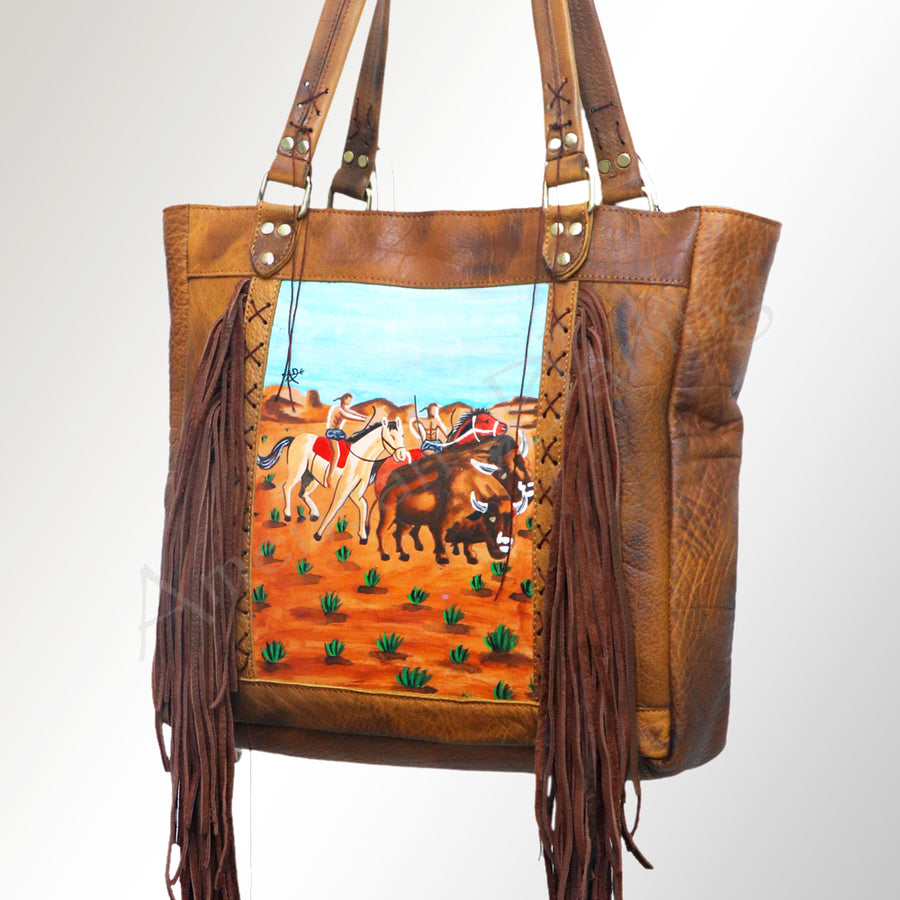 American Darling Hand Painted Western Leather Tote Bag with Fringes - Handcrafted - Uhorse