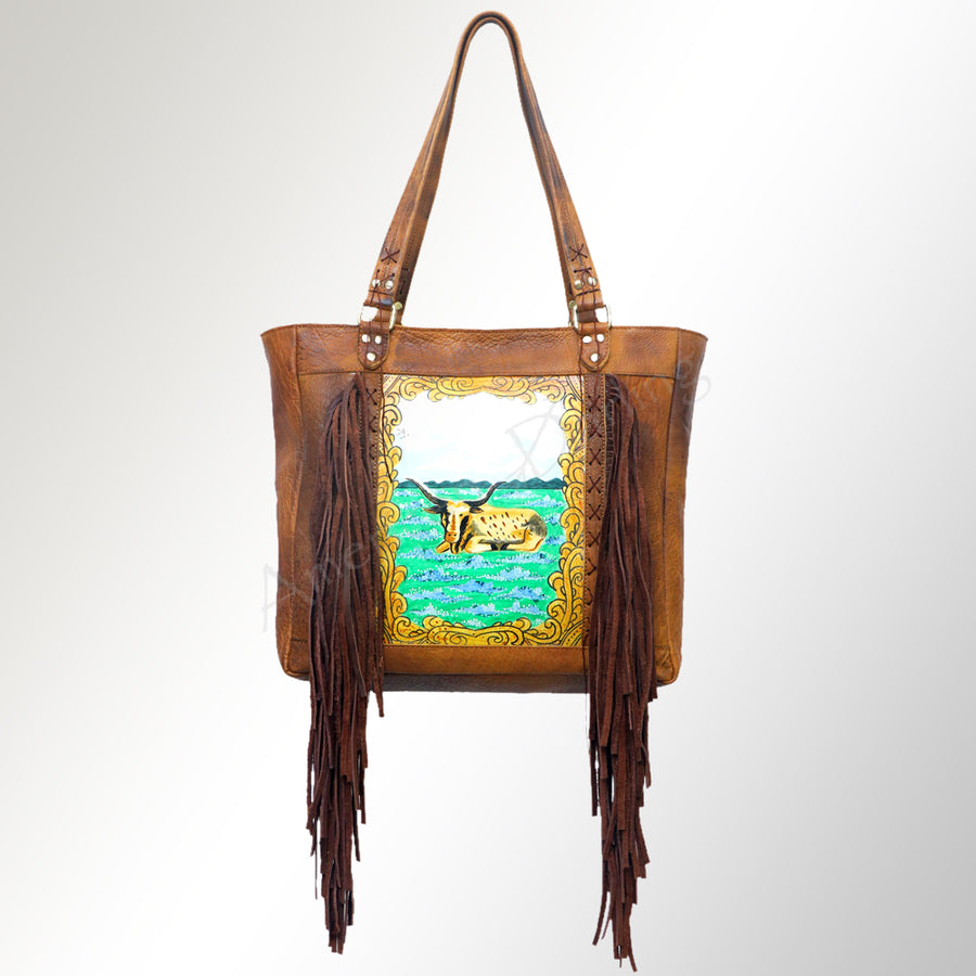 American Darling Hand Painted Western Leather Tote Bag for Women, Fringed Vegetable-Tanned Full Grain Leather, 13in (H) X 4in (W) X 14in (D)