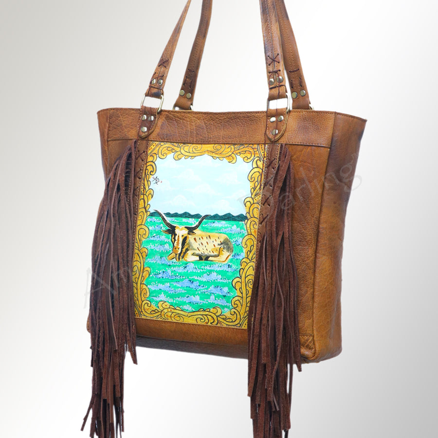 American Darling Hand Painted Western Leather Tote Bag with Fringes - Handcrafted - Uhorse
