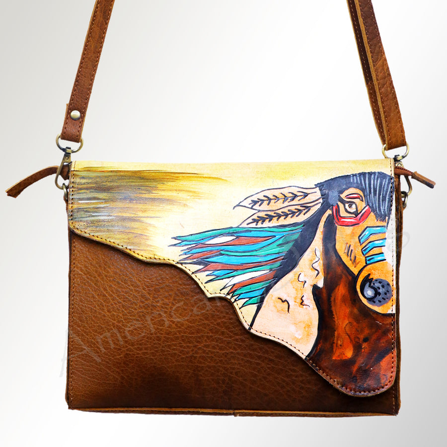 American Darling Cross body Bag, Hand Painted Western Horse Art, Genuine Full Grain Leather Purse, 7in X 4.5in X 12in