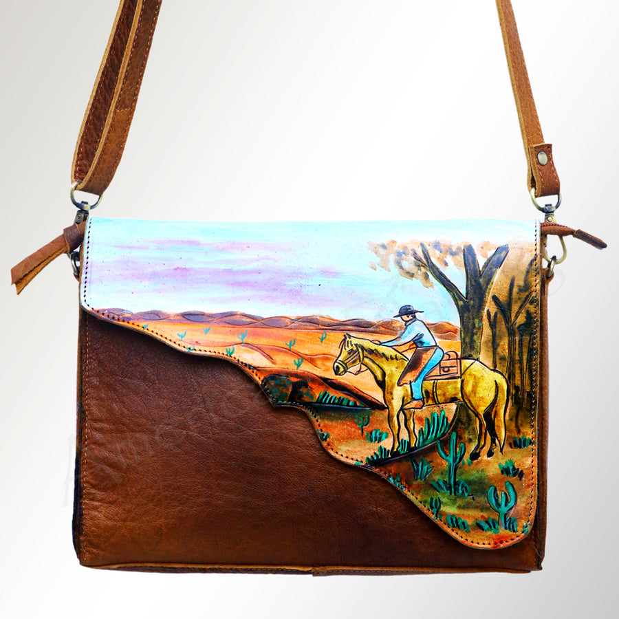 American Darling Cross body Bag, Hand Painted Western Horse Art, Genuine Full Grain Leather Purse, 7in X 4.5in X 12in