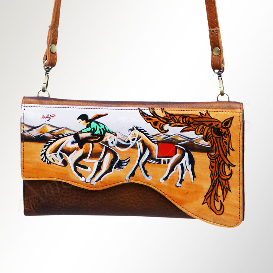 American Darling Small Cross body Bag, Hand Painted Western Scene, Vegetable Tanned Full Grain Leather, 4in (H) X 8in (W) X 1in (D)