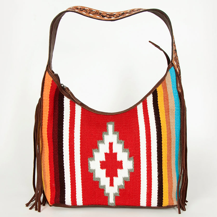 American Darling Hand-Woven Saddle Blanket Hobo Bag Women's Genuine Leather Hand Tooled Purse with Fringes & YKK Zipper