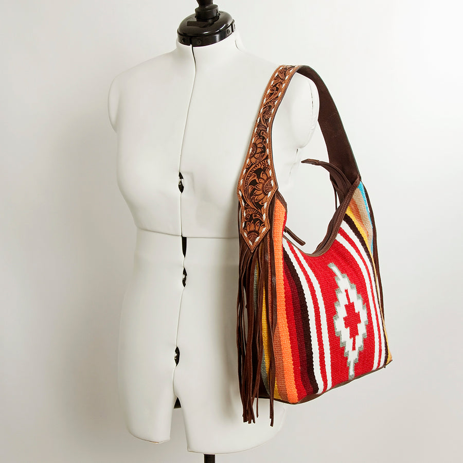 American Darling Hand-Woven Saddle Blanket Hobo Bag Women's Genuine Leather Hand Tooled Purse with Fringes & YKK Zipper