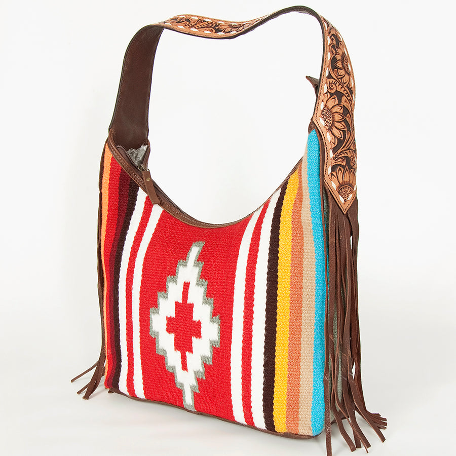 American Darling Hand-Woven Saddle Blanket Hobo Bag Hand Tooled Leather Fringe - Uhorse