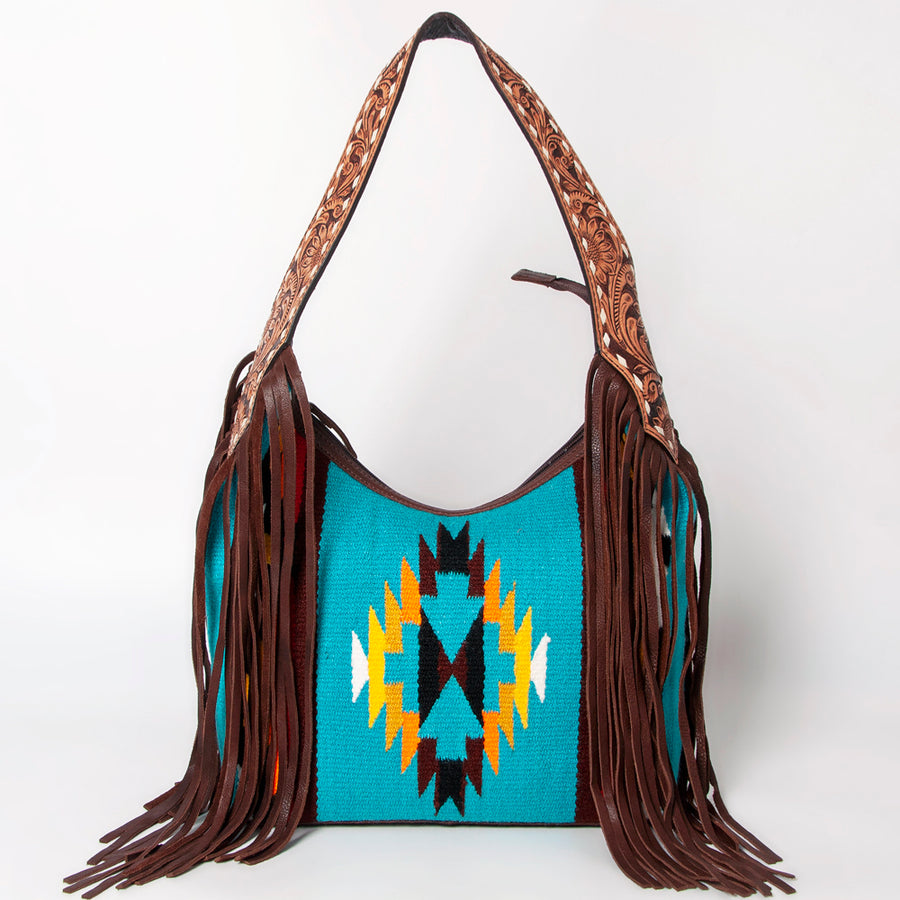 American Darling Hand-Woven Saddle Blanket Hobo Bag Women's Genuine Leather Hand Tooled Purse with Fringes & YKK Zipper