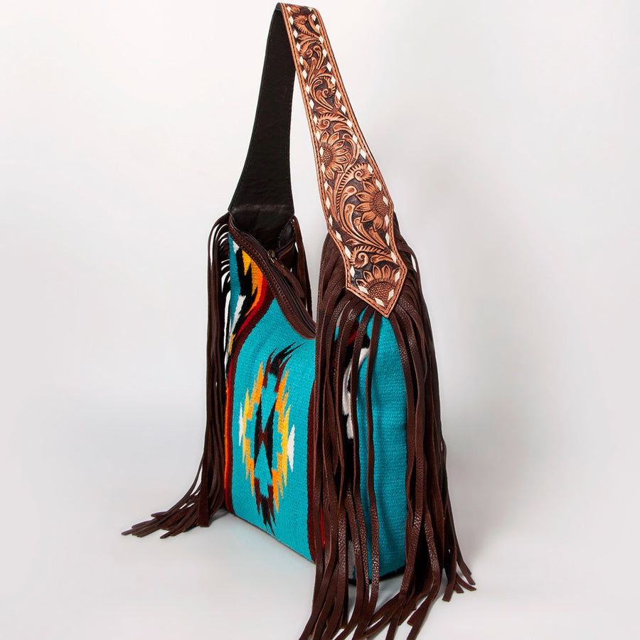 American Darling Hand-Woven Saddle Blanket Hobo Bag Women's Genuine Leather Hand Tooled Purse with Fringes & YKK Zipper