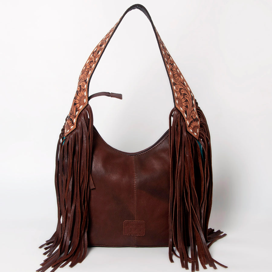 American Darling Hand-Woven Saddle Blanket Hobo Bag Women's Genuine Leather Hand Tooled Purse with Fringes & YKK Zipper