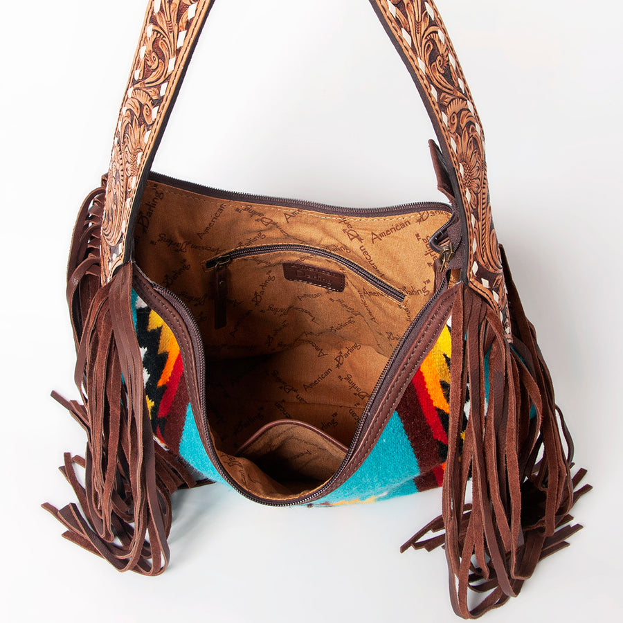 American Darling Hand-Woven Saddle Blanket Hobo Bag Women's Genuine Leather Hand Tooled Purse with Fringes & YKK Zipper