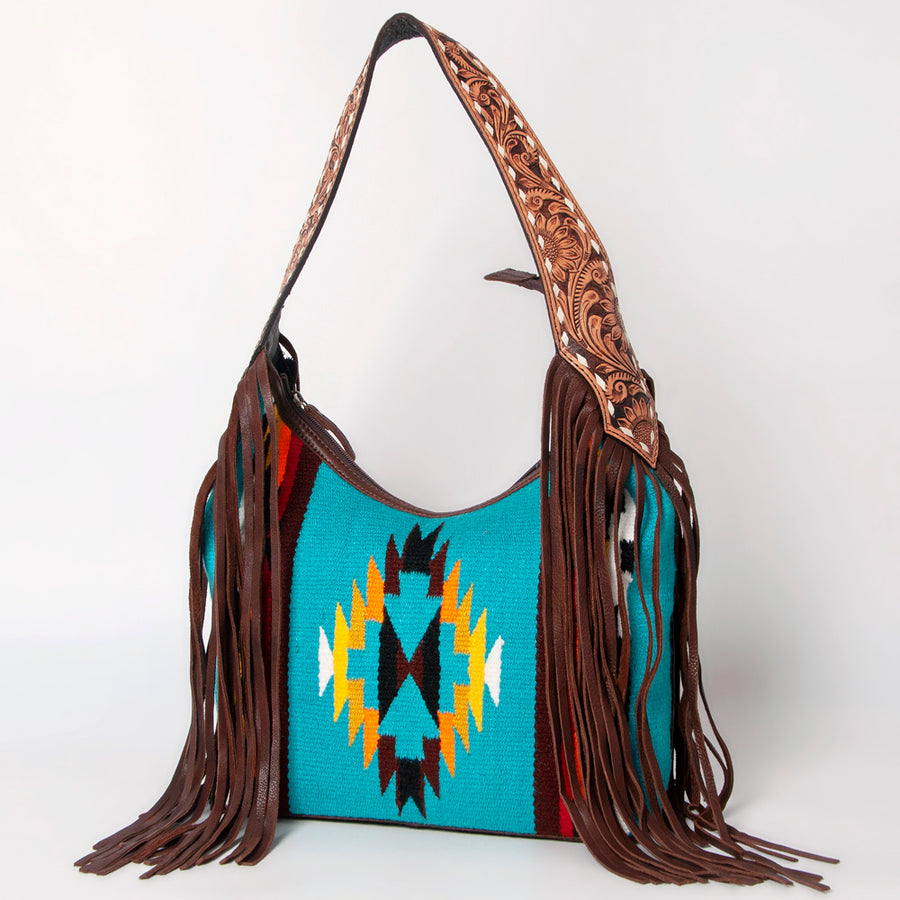 American Darling Hand-Woven Saddle Blanket Hobo Bag Hand Tooled Leather Fringe - Uhorse