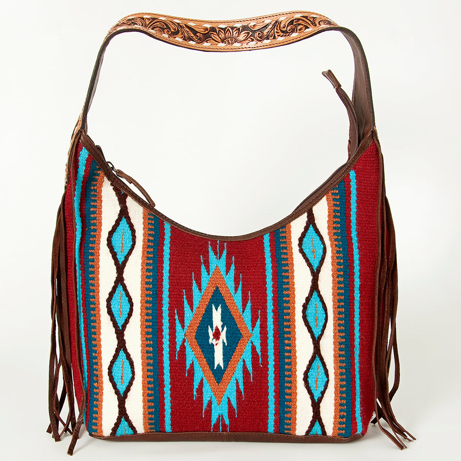 American Darling Hand-Woven Saddle Blanket Hobo Bag Women's Genuine Leather Hand Tooled Purse with Fringes & YKK Zipper