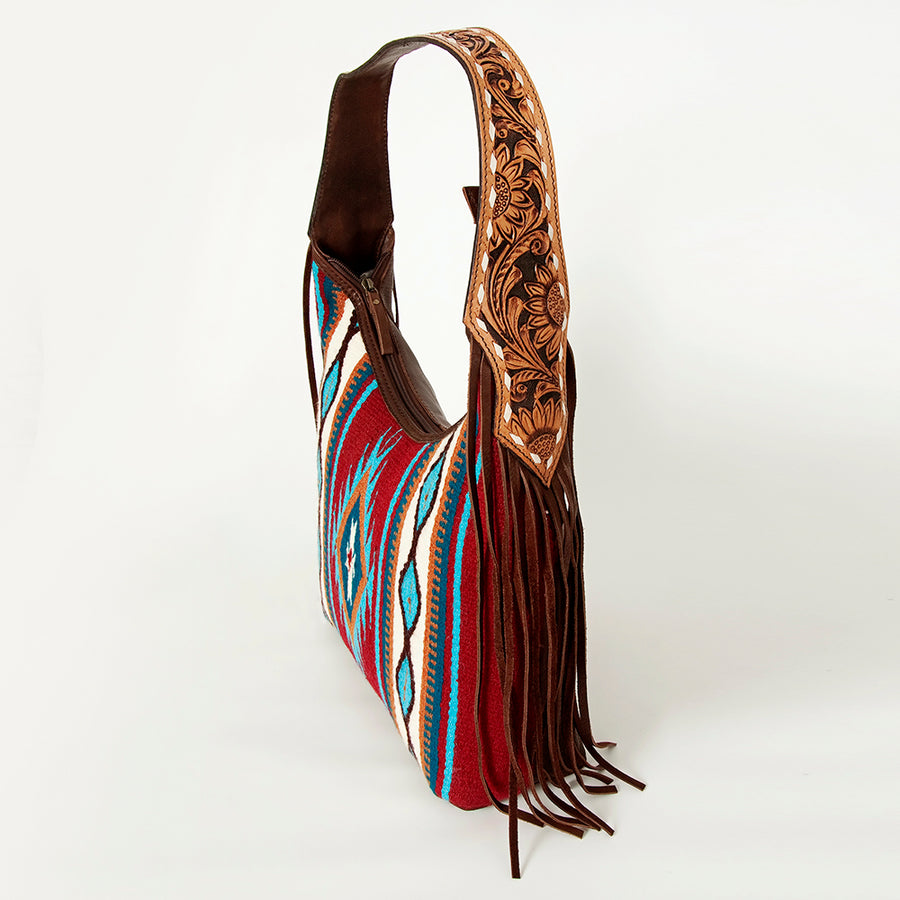 American Darling Hand-Woven Saddle Blanket Hobo Bag Women's Genuine Leather Hand Tooled Purse with Fringes & YKK Zipper