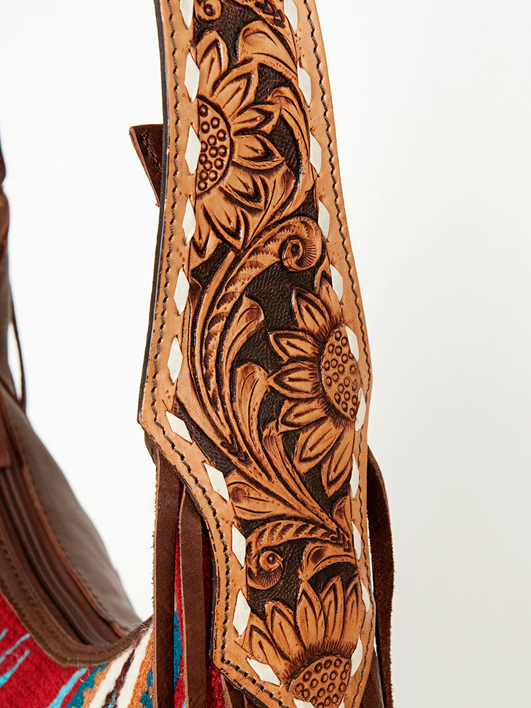 American Darling Hand-Woven Saddle Blanket Hobo Bag Women's Genuine Leather Hand Tooled Purse with Fringes & YKK Zipper