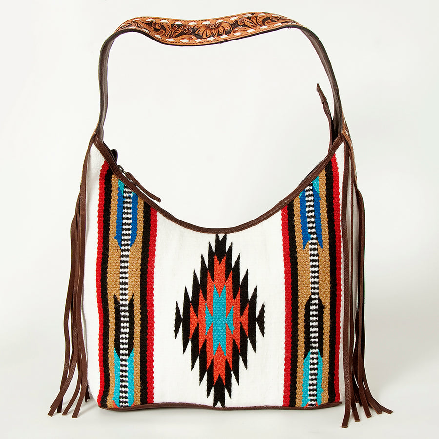 American Darling Hand-Woven Saddle Blanket Hobo Bag Women's Genuine Leather Hand Tooled Purse with Fringes & YKK Zipper