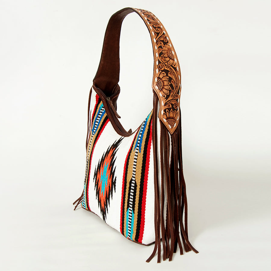 American Darling Hand-Woven Saddle Blanket Hobo Bag Women's Genuine Leather Hand Tooled Purse with Fringes & YKK Zipper