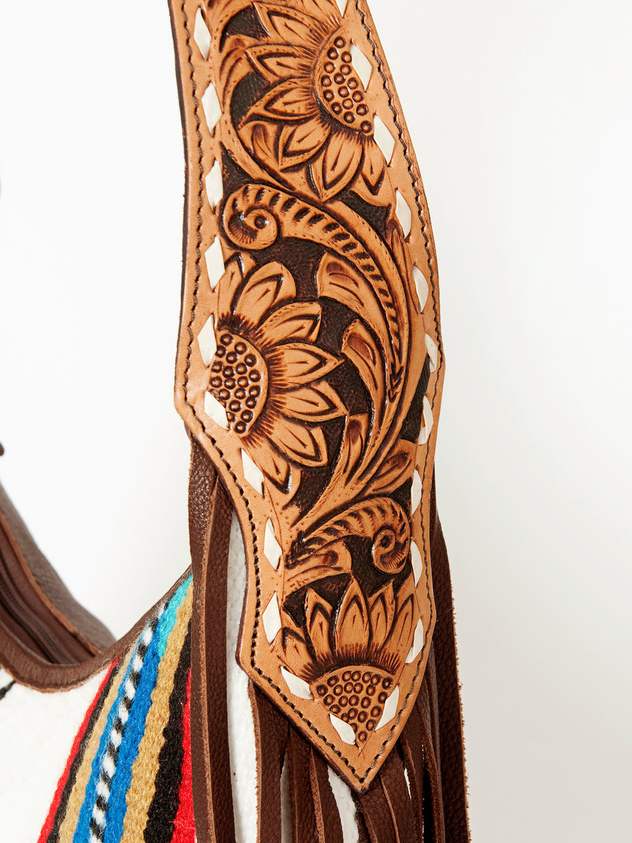 American Darling Hand-Woven Saddle Blanket Hobo Bag Women's Genuine Leather Hand Tooled Purse with Fringes & YKK Zipper