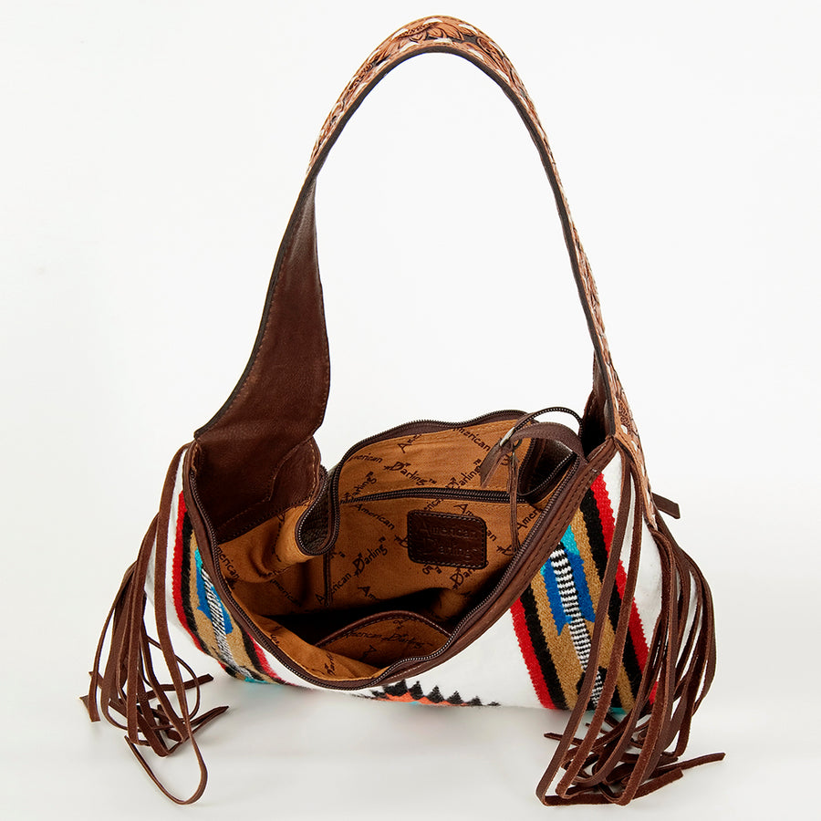 American Darling Hand-Woven Saddle Blanket Hobo Bag Women's Genuine Leather Hand Tooled Purse with Fringes & YKK Zipper