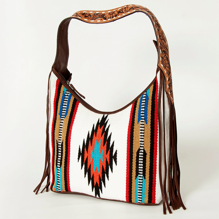 American Darling Hand-Woven Saddle Blanket Hobo Bag Hand Tooled Leather Fringe - Uhorse