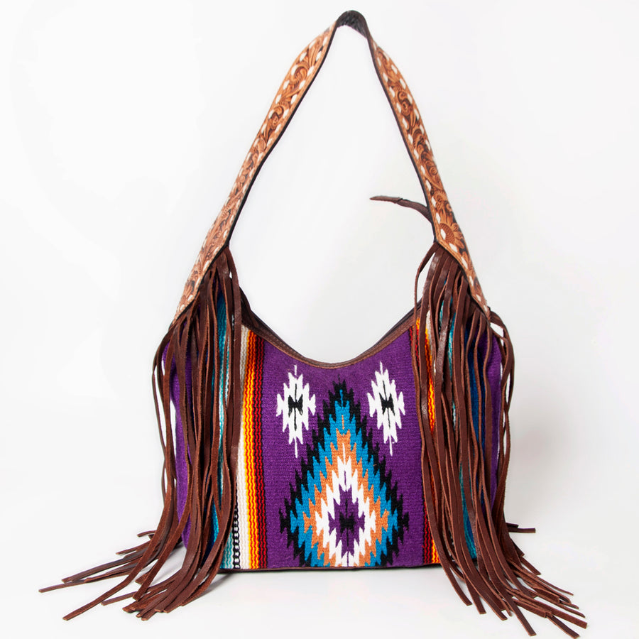 American Darling Hand-Woven Saddle Blanket Hobo Bag Women's Genuine Leather Hand Tooled Purse with Fringes & YKK Zipper