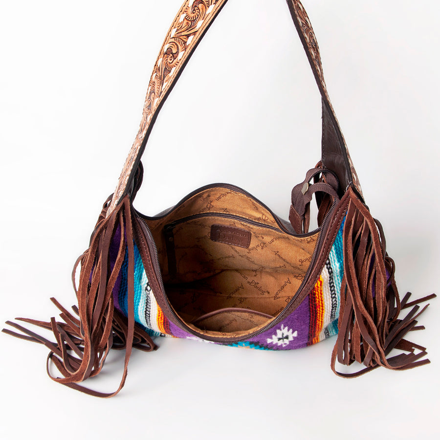 American Darling Hand-Woven Saddle Blanket Hobo Bag Women's Genuine Leather Hand Tooled Purse with Fringes & YKK Zipper