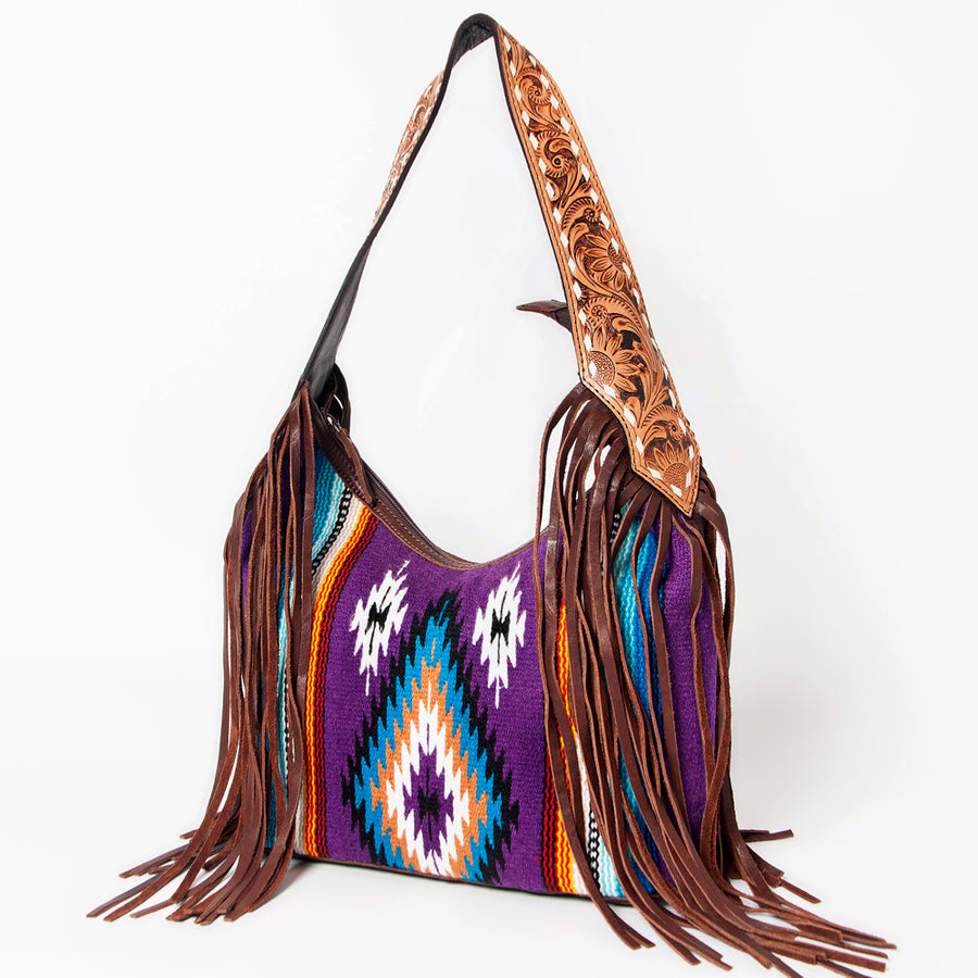 American Darling Hand-Woven Saddle Blanket Hobo Bag Hand Tooled Leather Fringe - Uhorse
