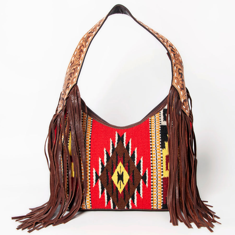 American Darling Hand-Woven Saddle Blanket Hobo Bag Women's Genuine Leather Hand Tooled Purse with Fringes & YKK Zipper