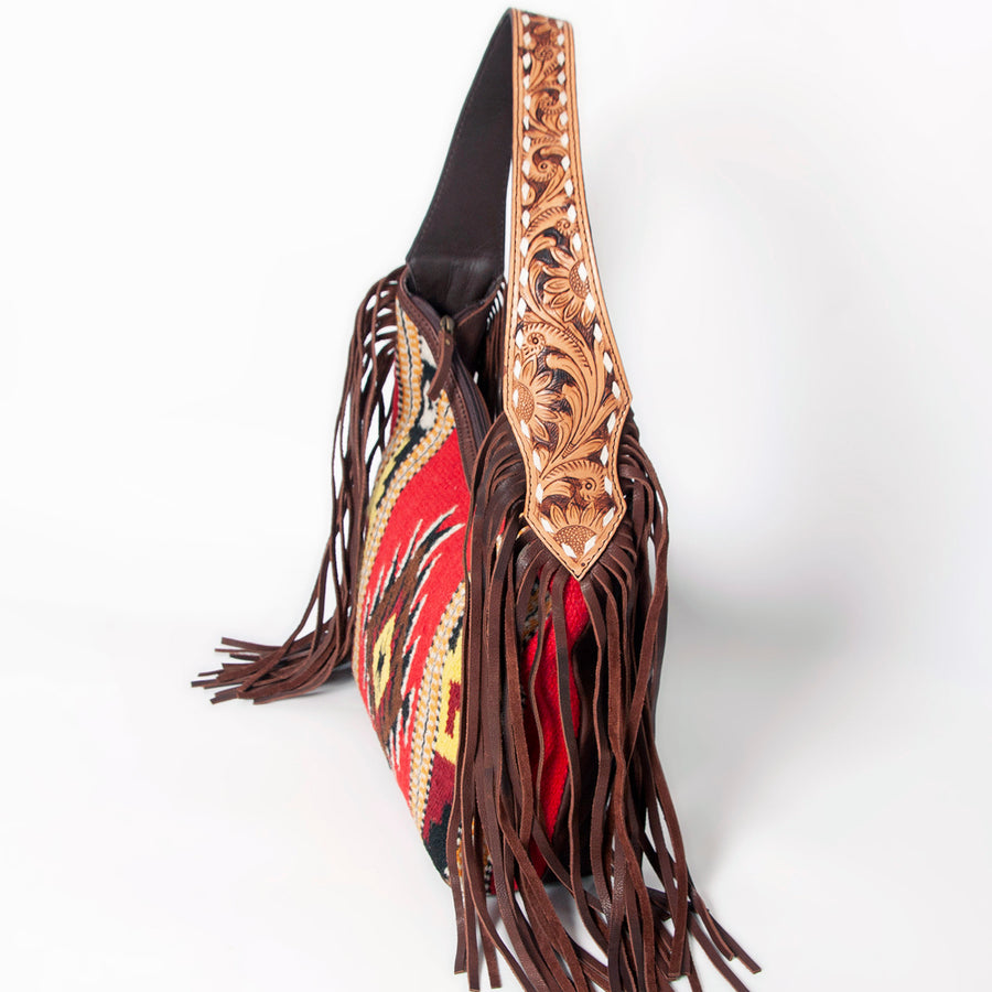 American Darling Hand-Woven Saddle Blanket Hobo Bag Women's Genuine Leather Hand Tooled Purse with Fringes & YKK Zipper