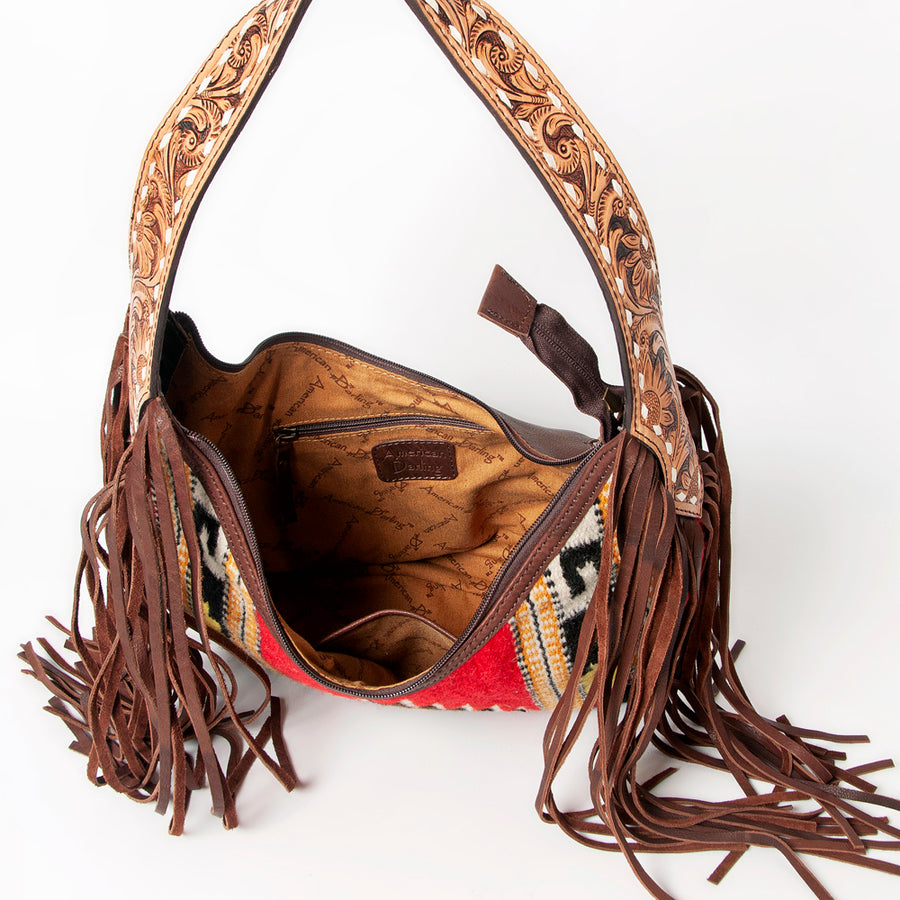 American Darling Hand-Woven Saddle Blanket Hobo Bag Women's Genuine Leather Hand Tooled Purse with Fringes & YKK Zipper