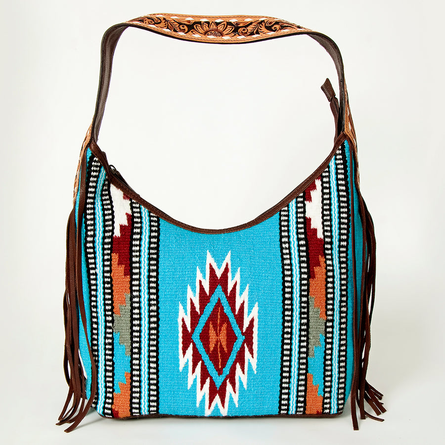 American Darling Hand-Woven Saddle Blanket Hobo Bag Women's Genuine Leather Hand Tooled Purse with Fringes & YKK Zipper