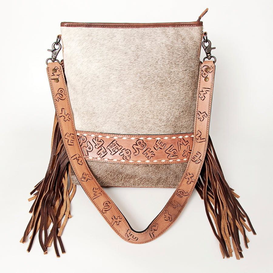 American Darling Large Cross body Bag Handcrafted from Hair-On Cowhide & Hand Tooled Genuine Leather with Fringes