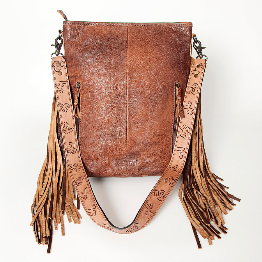 American Darling Large Cross body Bag Handcrafted from Hair-On Cowhide & Hand Tooled Genuine Leather with Fringes