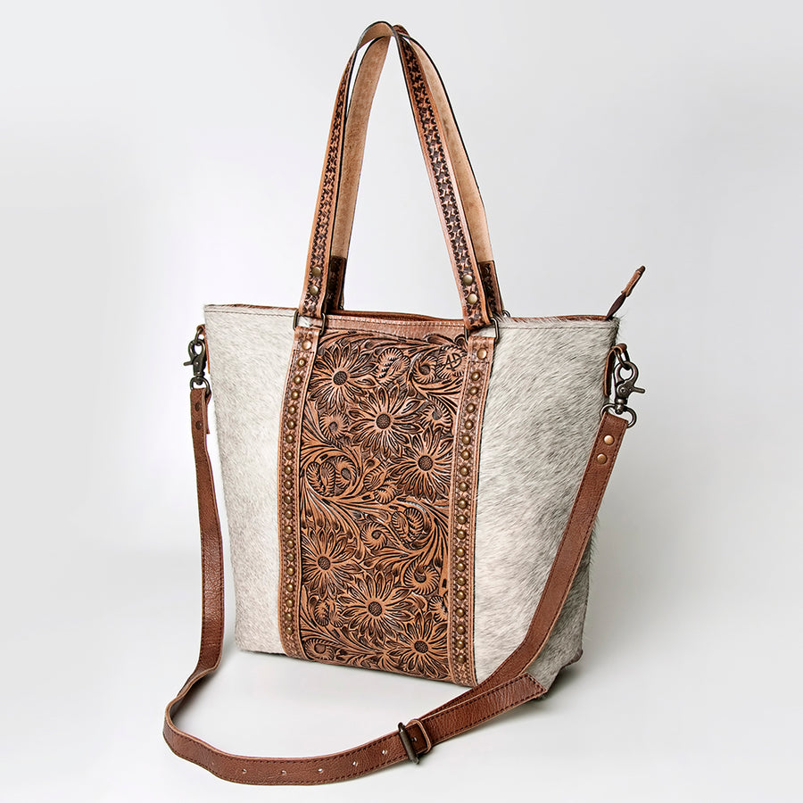 American Darling Tote Bag - Hair-On Cowhide and Hand Tooled Floral Leather with Rivets - Uhorse