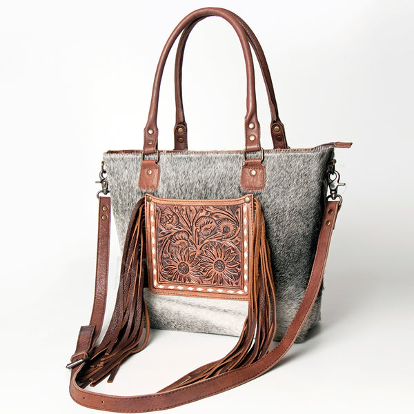 American Darling Hand Tooled Floral and Hair-On Cowhide Western Leather Tote Bag with Fringes - Uhorse