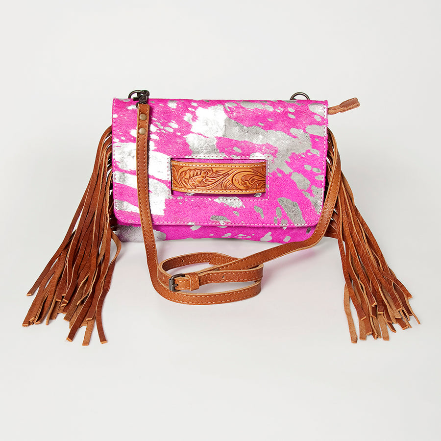 American Darling Small Cross body Bag, Hair-On Cowhide & Hand Tooled Floral Leather, Fringes, Vegetable Tanned Genuine Leather