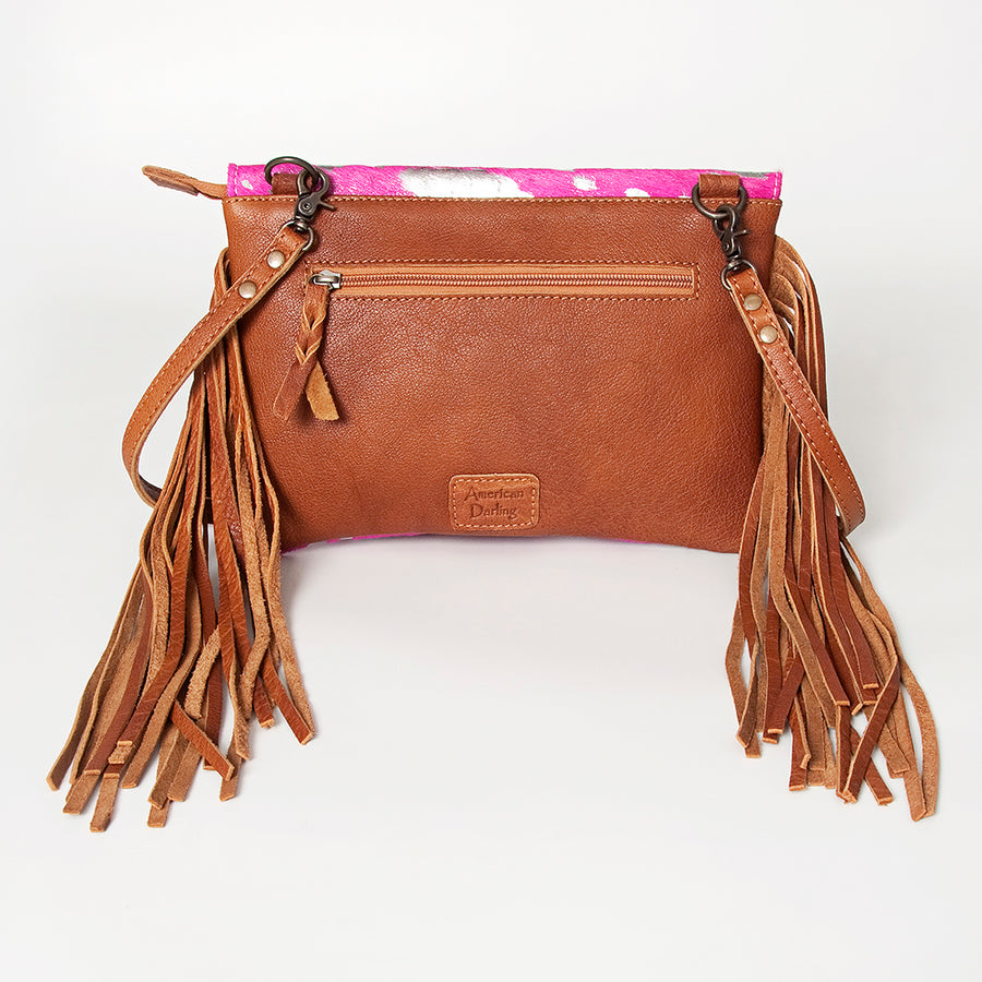 American Darling Small Cross body Bag, Hair-On Cowhide & Hand Tooled Floral Leather, Fringes, Vegetable Tanned Genuine Leather