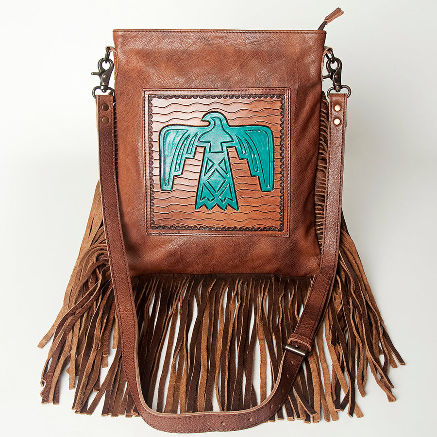 American Darling Large Cross body Bag, Hand Tooled Vegetable-Tanned Leather, Western Fringed Handcrafted Crossbody Purse