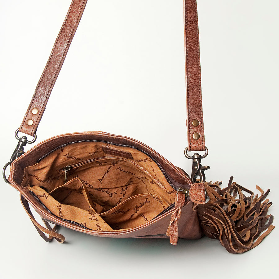 American Darling Large Cross body Bag, Hand Tooled Vegetable-Tanned Leather, Western Fringed Handcrafted Crossbody Purse