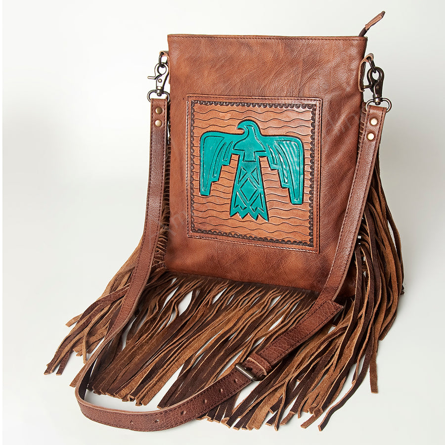 American Darling Hand Tooled Leather Large Cross body Bag Western Fringed Handbag - Uhorse