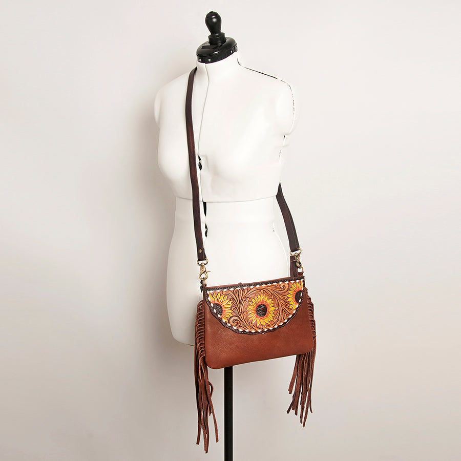 American Darling Large Cross body Bag Hand Tooled Floral Carved Genuine Leather with Fringes Western Purse