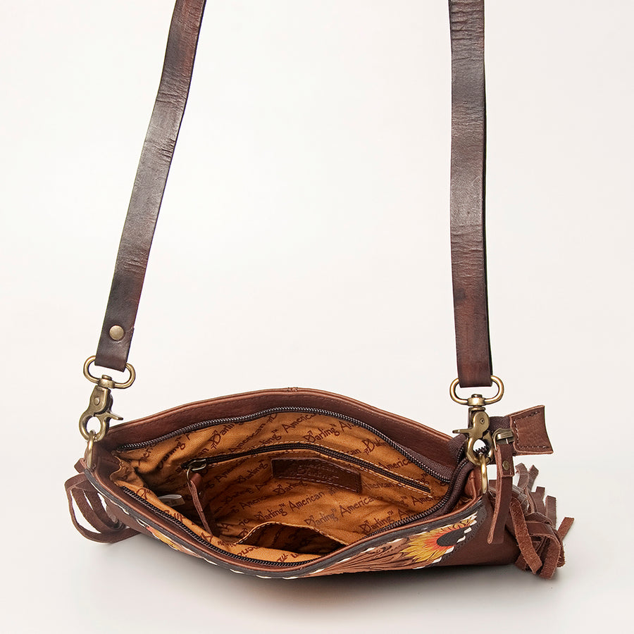American Darling Large Cross body Bag Hand Tooled Floral Carved Genuine Leather with Fringes Western Purse
