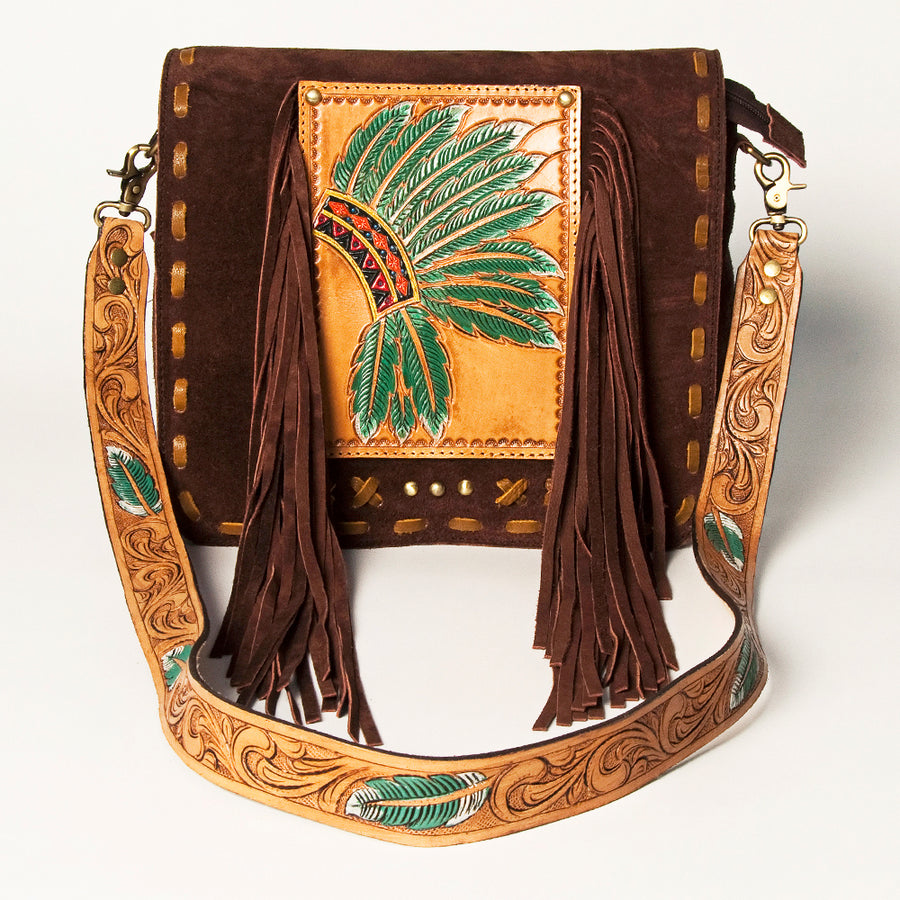 American Darling Hand Tooled Genuine Leather Messenger Bag Vegetable-Tanned Full Grain Leather With Fringes YKK Zipper