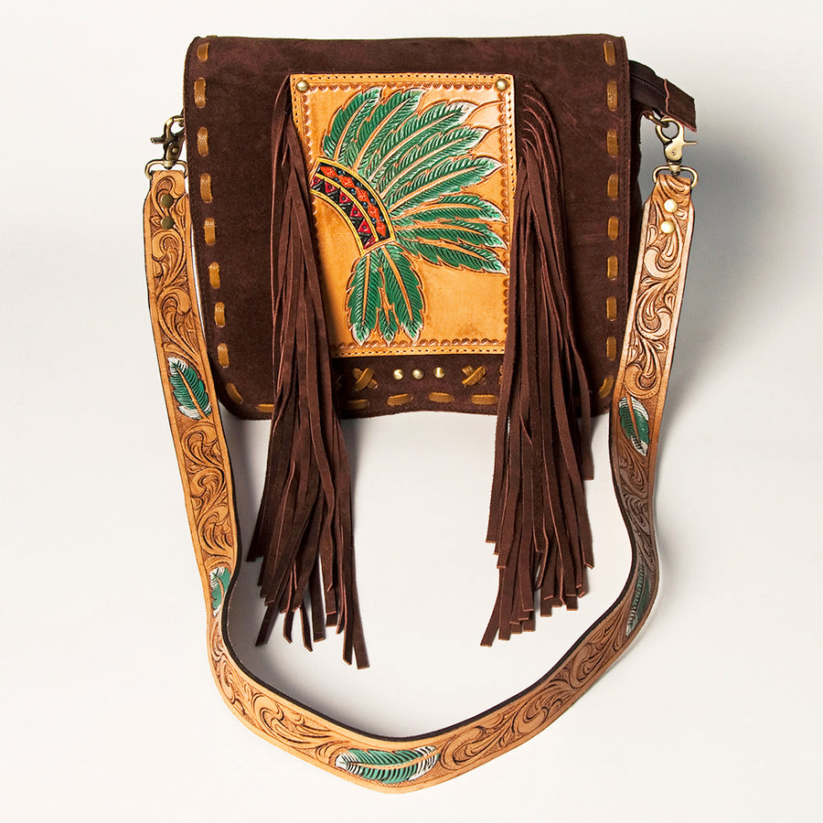 American Darling Hand Tooled Genuine Leather Messenger Bag Vegetable-Tanned Full Grain Leather With Fringes YKK Zipper