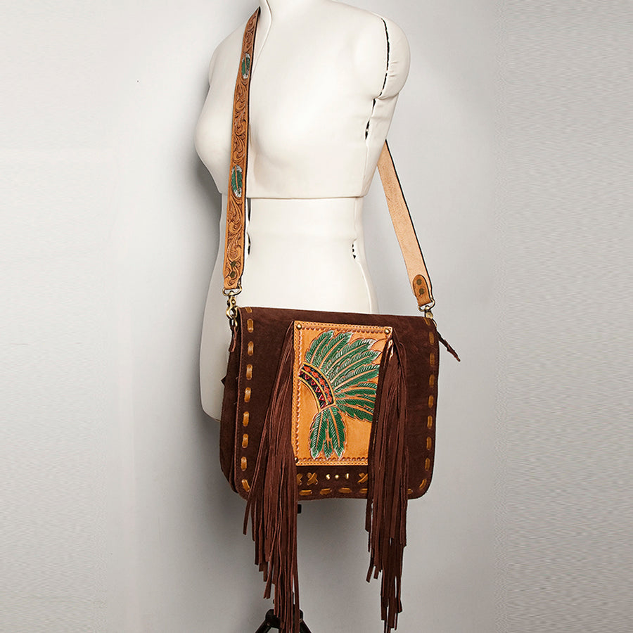American Darling Hand Tooled Genuine Leather Messenger Bag Vegetable-Tanned Full Grain Leather With Fringes YKK Zipper